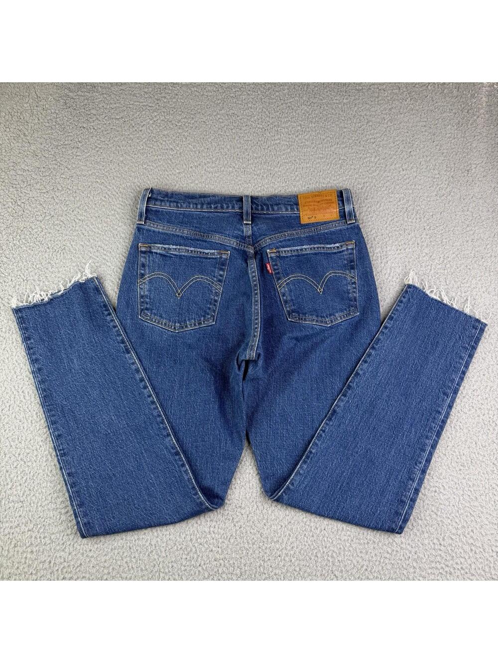 Levis 501 S Skinny Button Fly Raw Hem Mid Rise Blue Denim Jeans Women's 28x28